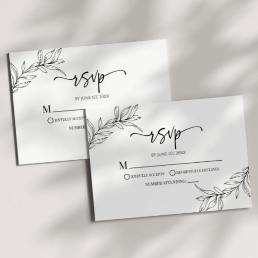 Minimale Minimalistische Schwarz-weiße Branch Leaf RSVP Karte