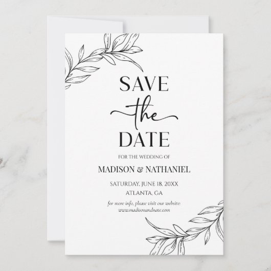 Minimale Minimalistische Schwarz-weiße Branch Leaf Save The Date (Vorderseite)