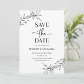 Minimale Minimalistische Schwarz-weiße Branch Leaf Save The Date (Stehend Vorderseite)
