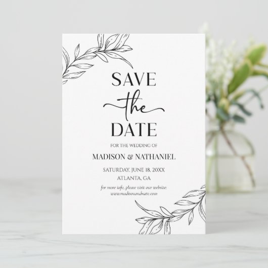 Minimale Minimalistische Schwarz-weiße Branch Leaf Save The Date (Stehend Vorderseite)