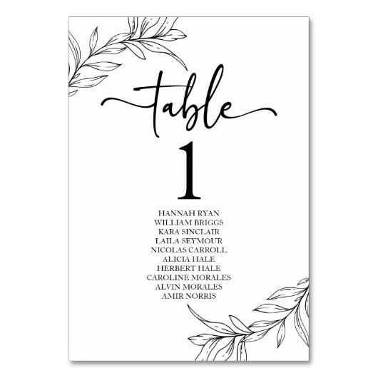 Minimale Minimalistische Schwarz-weiße Branch Leaf Tischnummer (Rückseite)
