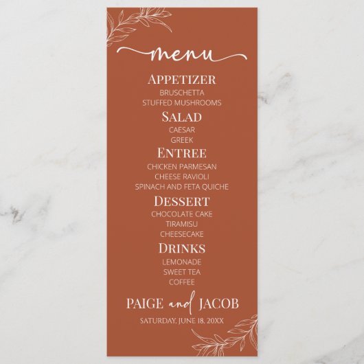 Minimale Minimalistische Terracotta Branch Leaf We Menükarte (Vorderseite)