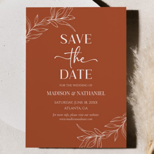 Minimale Minimalistische Terracotta Branch Leaf We Save The Date