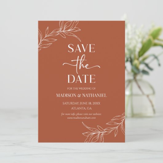Minimale Minimalistische Terracotta Branch Leaf We Save The Date (Stehend Vorderseite)