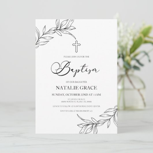 Minimale Minimalistische Zweigstelle Blätter Taufe Einladung (Stehend Vorderseite)