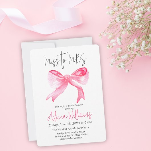 Minimale Miss an MRS. Ribbon Pink Bow Brautparty Einladung