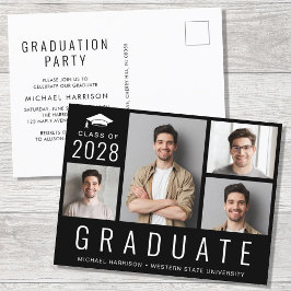 Minimale moderne 4-Foto-Black Graduation Party Einladungspostkarte