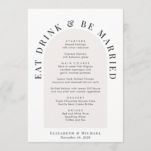 Minimale moderne Bogenhochzeit Menükarte (Vorderseite)