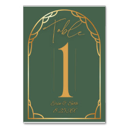 Minimale moderne Bogenhochzeit | Olivenöl und Gold Tischnummer