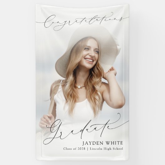 Minimale Moderne Chic Script Foto Graduation Party Banner (Vertikal)