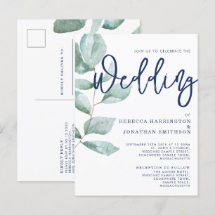 Minimale moderne Eukalyptus Grüne Blaue Hochzeit d Postkarte