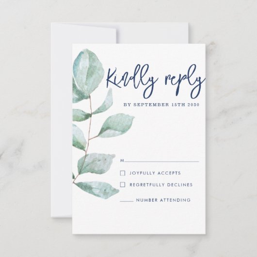 Minimale moderne Eukalyptus Navy Blue Wedding RSVP Karte (Vorderseite)