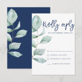 Minimale moderne Eukalyptus Navy Blue Wedding RSVP Karte (Vorne/Hinten)