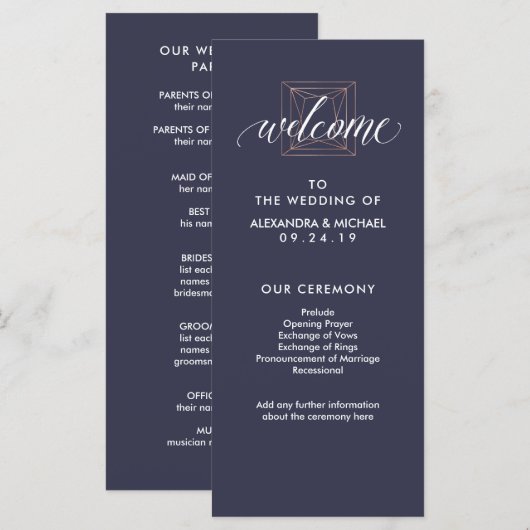 Minimale moderne geometrische Diamant-Hochzeitspro Programm (Vorne/Hinten)
