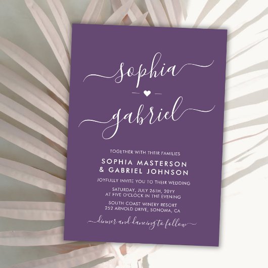 Minimale moderne Kalligraphie Lila Monogramm Hochz Einladung