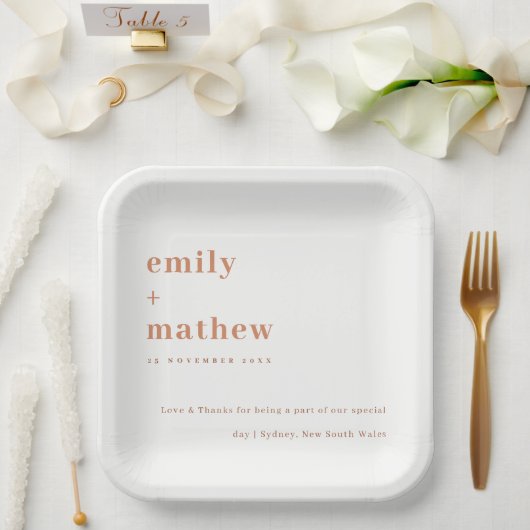 Minimale moderne Marinerost Orangen Typografie Hoc Pappteller (Hochzeit)