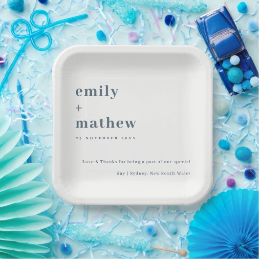 Minimale moderne Navy Gray Blue Typografy Wedding Pappteller (Party)