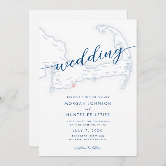 Minimale moderne Popponesset Inn Map Hochzeit Einladung (Vorne/Hinten)