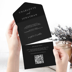 Minimale moderne QR-Code-Schwarze Hochzeit All In One Einladung