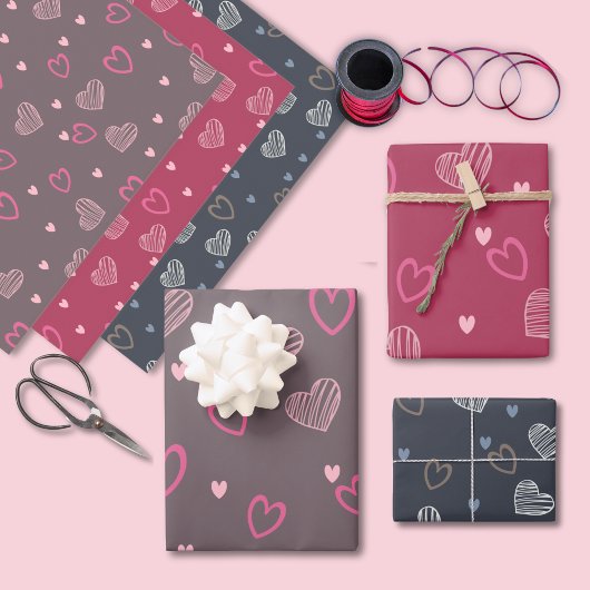 Minimale moderne romantische Doddle Herzmuster Geschenkpapier Set