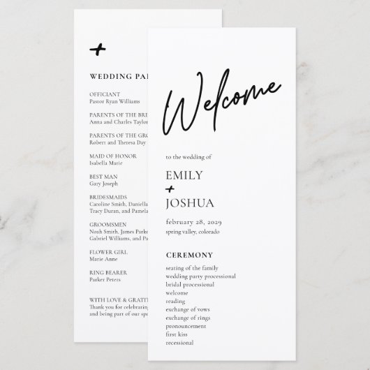 Minimale moderne schwarz-weiße Hochzeitsprogramm Programm (Vorne/Hinten)