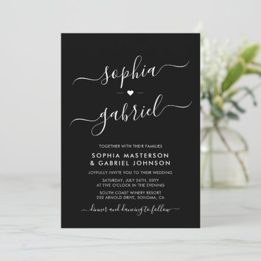 Minimale moderne Script Monogram Black Wedding Einladung (Stehend Vorderseite)