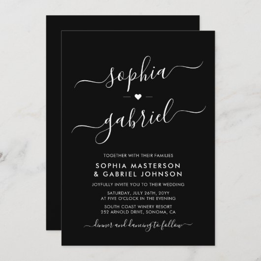 Minimale moderne Script Monogram Black Wedding Einladung (Vorne/Hinten)