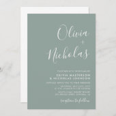 Minimale moderne Script Monogram Sage Green Weddin Einladung (Vorne/Hinten)