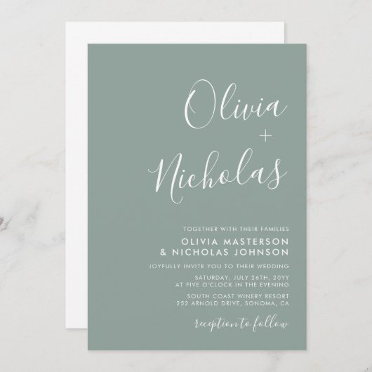 Minimale moderne Script Monogram Sage Green Weddin Einladung (Vorne/Hinten)