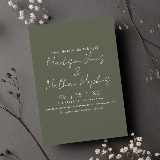 Minimale moderne Script Olive Green Wedding Einladung