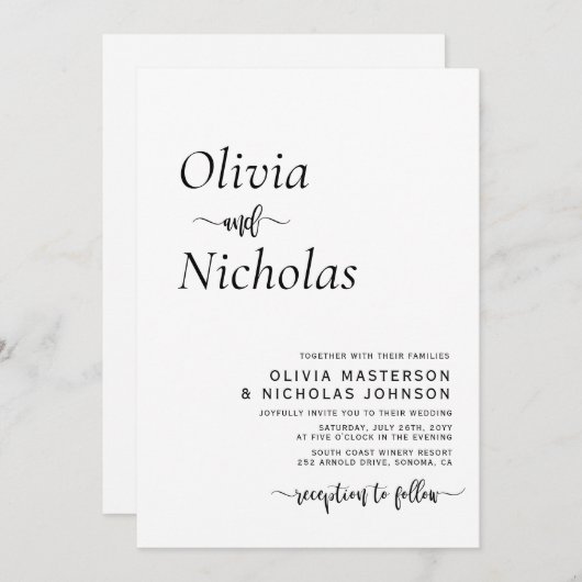 Minimale moderne Typografie Script Monogram Weddin Einladung (Vorne/Hinten)