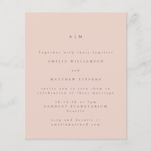 Minimale Mongram Blush Einladung (Vorderseite)