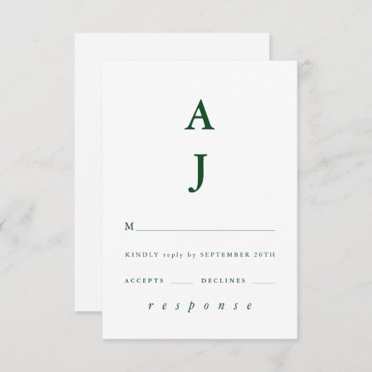 Minimale Mongram Emerald Green Wedding RSVP Karte (Vorne/Hinten)