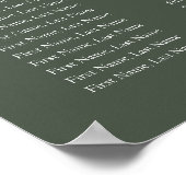 Minimale Mongram Moss Green Wedding Seating Chart Poster (Ecke)