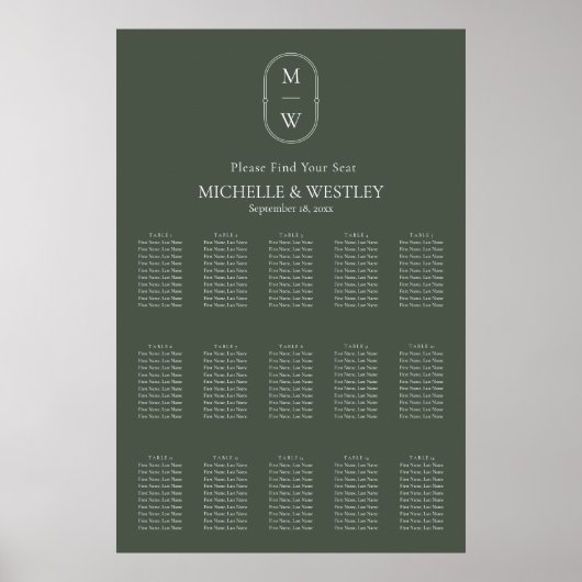 Minimale Mongram Moss Green Wedding Seating Chart Poster (Vorne)