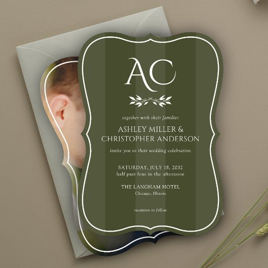 Minimale Mongram Striping Olive Green Foto Hochzei Einladung