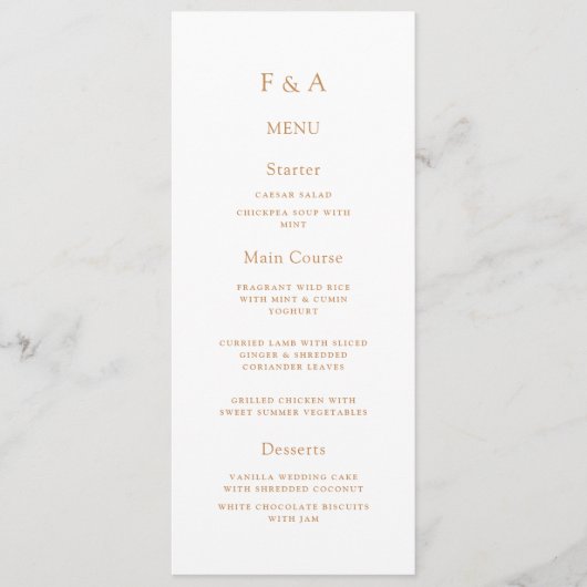 Minimale Monogram Simple Gold Script Wedding Table Menükarte (Vorderseite)