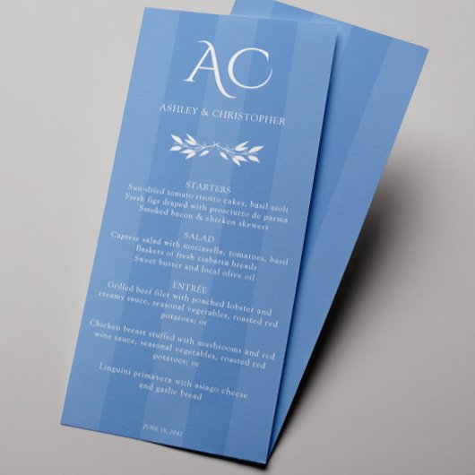Minimale Monogram Stripe Cornflower Blue Wedding Menükarte