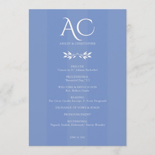 Minimale Monogram Stripe Cornflower Blue Wedding Programm (Vorderseite)