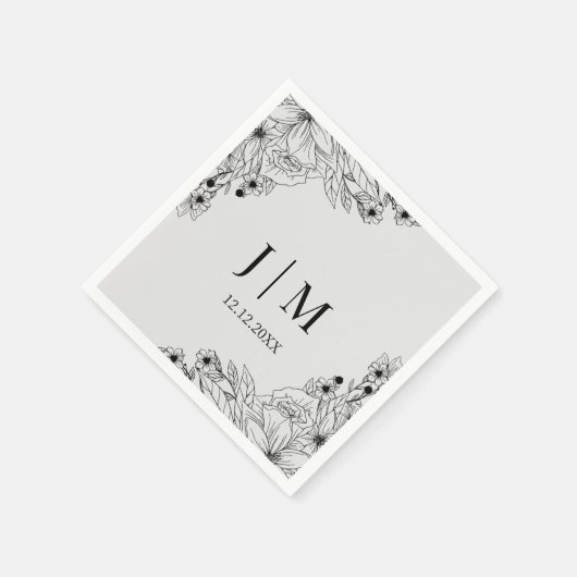 minimale monogramm botanische schwarz-graue Hochze Serviette (Ecke)