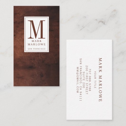 Minimale Monogramm dunkelbraune Ledertextur Visitenkarte (Vorne/Hinten)