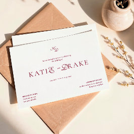 Minimale Monogramm-Hochzeit in tiefem Burgunderrot Einladung