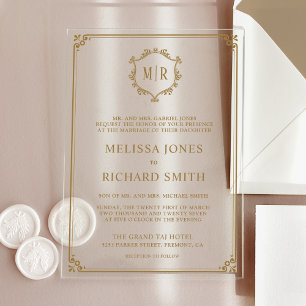 Minimale Monogramm-Kronenrahmen Gold Hochzeit Acryleinladungen