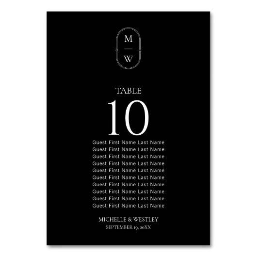 Minimale Monogramm-Schwarz-weiße Hochzeitstabelle Tischnummer (Vorderseite)