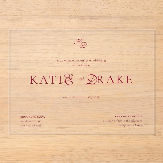 Minimale Monogramm-Tiefburgunder-Script-Hochzeit Acryleinladungen (Vorderseite)