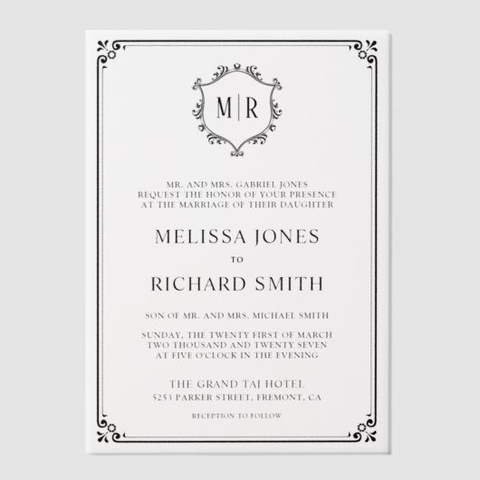 Minimale Monogramm Wappen Rahmen Schwarze Hochzeit Pergament Einladungen (Vorderseite)