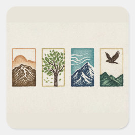 Minimale Natur-Set – Berg- und Baum-Kunst Quadratischer Aufkleber