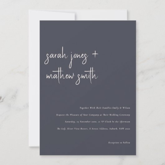 Minimale Navy Blush Black Script Typografy Wedding Einladung (Vorderseite)