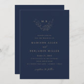 Minimale Navy Gold Botanische Monogramm Hochzeit Einladung (Vorne/Hinten)