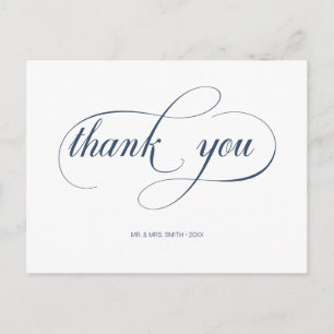 Minimale Navy-Kalligrafie-Schrift Hochzeit Danke Postkarte